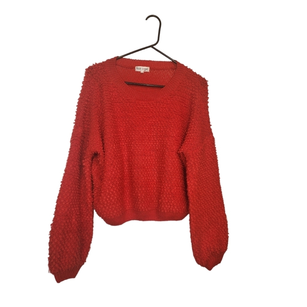 Deep Sugar. Red crew neck short sweater with bishop sleeves. L